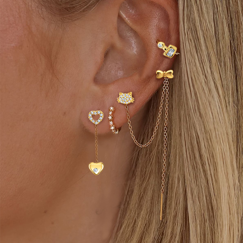 SET ORECCHINI ASIMMETRICI CON CATENA, ZIRCONI E EAR CUFF - YC2688C954