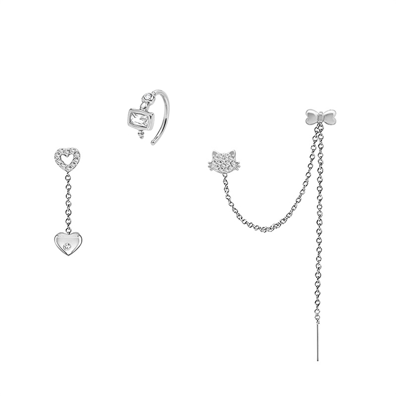 SET ORECCHINI ASIMMETRICI CON CATENA, ZIRCONI E EAR CUFF - YC2688C954