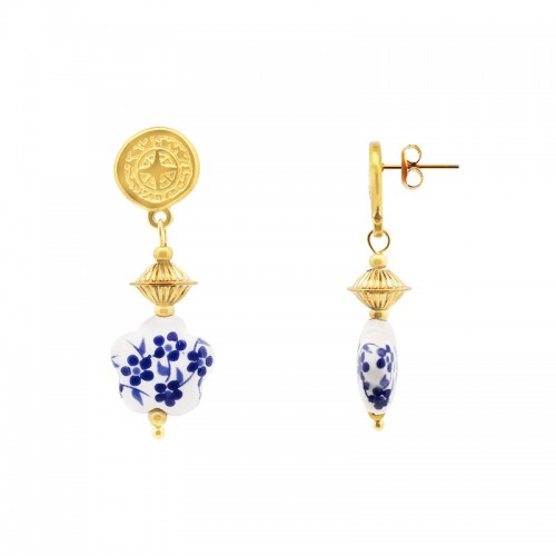 ORECCHINI PENDENTI CON PORCELLANA BIANCA E BLU A FIORE - YNK2664C742
