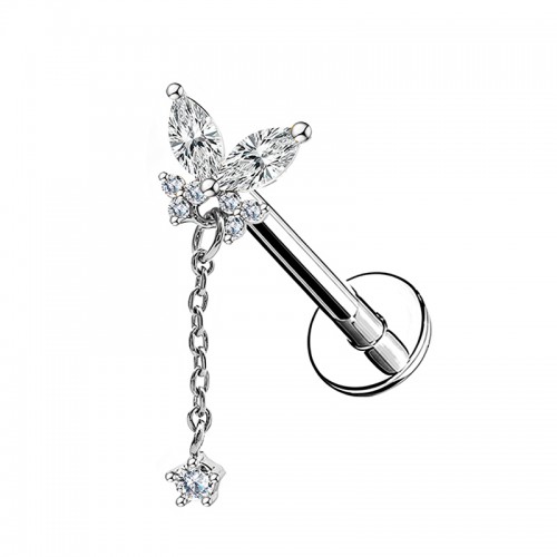 PIERCING LABRET A FARFALLA CON CATENELLA E ZIRCONIA ROTONDO PENDENTE - JQ1000L163