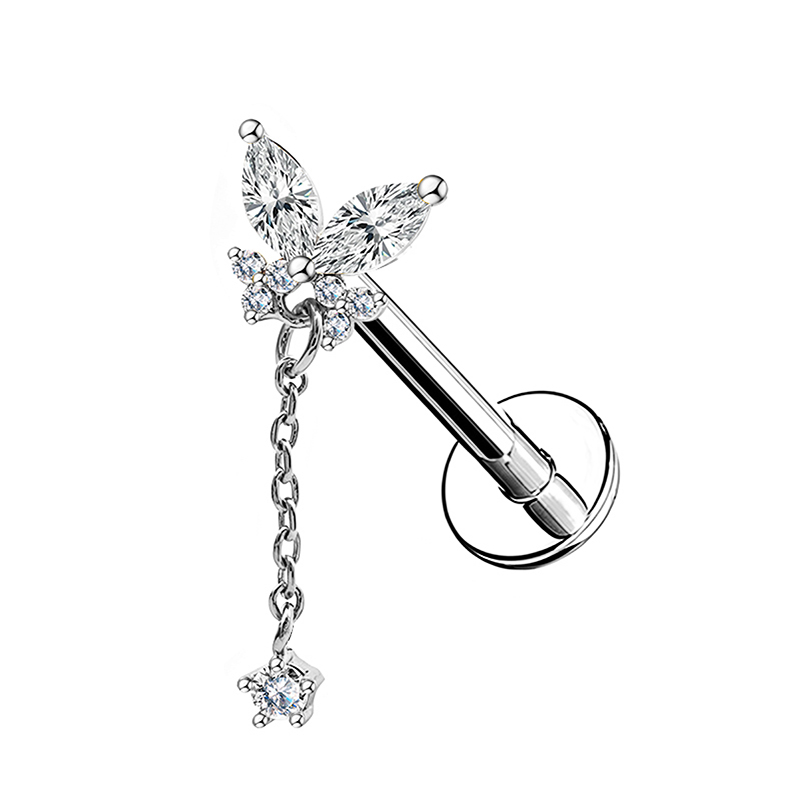 PIERCING LABRET A FARFALLA CON CATENELLA E ZIRCONIA ROTONDO PENDENTE - JQ1000L163