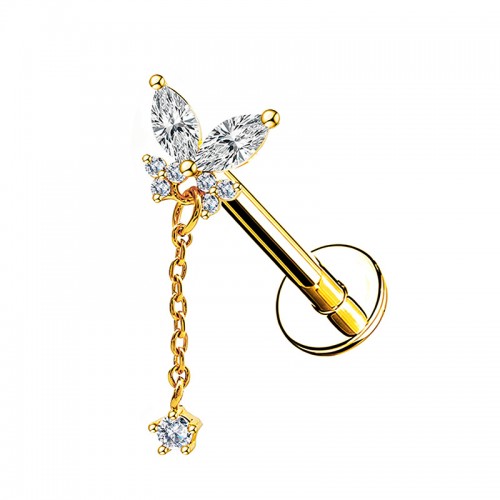 PIERCING LABRET A FARFALLA CON CATENELLA E ZIRCONIA ROTONDO PENDENTE - JQ1000L163