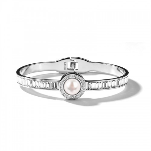 BRACCIALE RIGIDO A MOLLA CON PERLA TONDA CENTRALE E STRASS - DH25100B481