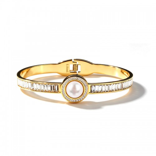 BRACCIALE RIGIDO A MOLLA CON PERLA TONDA CENTRALE E STRASS - DH25100B481