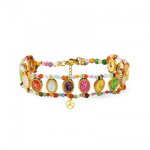BRACCIALE ARTIGIANALE COLORATO CON ZIRCONI OVALI E PERLINE - YNK26216C743