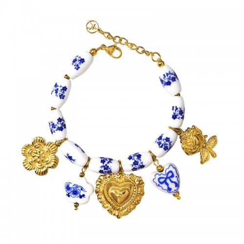 BRACCIALE CON PERLINE IN PORCELLANA BIANCA E BLU E CHARMS - YNK2694C738