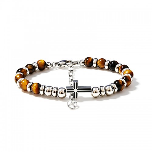 BRACCIALE UOMO CON PIETRE OCCHIO DI TIGRE E CROCE - KM207131016A36