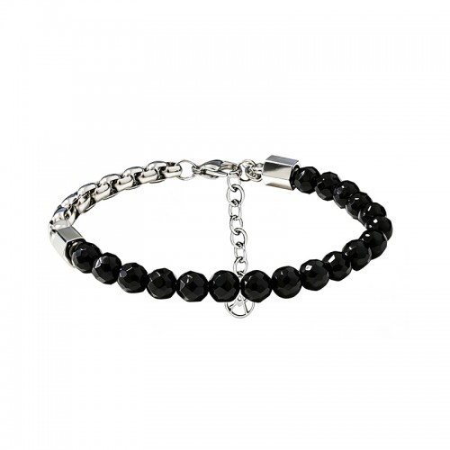 BRACCIALE UOMO CON PERLINE IN ONICE NERA SFACCETTATA E CATENA - KM26124C761