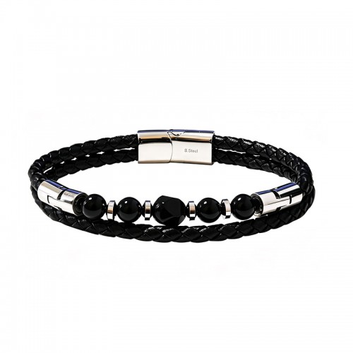 BRACCIALE DA UOMO A DUE FILI CON PIETRE E PELLE INTRECCIATA - KM26144C768/C769