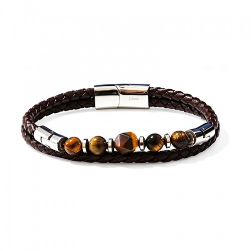 BRACCIALE DA UOMO A DUE FILI CON PIETRE E PELLE INTRECCIATA - KM26144C768/C769