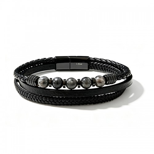 BRACCIALE DA UOMO MULTISTRATO CON PIETRE GRIGIE E PELLE - KM26148C764