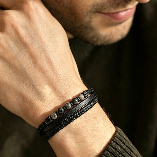 BRACCIALE DA UOMO MULTISTRATO CON PIETRE GRIGIE E PELLE - KM26148C764