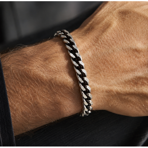 BRACCIALE DA UOMO A CATENA GRUMETTA CON CORDINO IN PELLE - KM26160C763