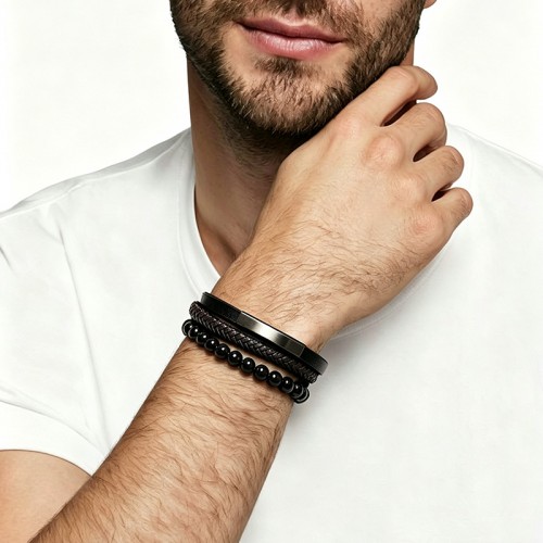 BRACCIALE DA UOMO MULTISTRATO CON PIETRE NERE E PELLE - KM26176C770