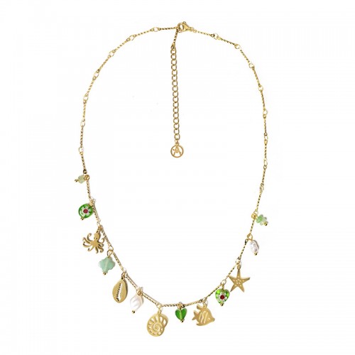 COLLANA A CATENA CON CHARMS MARINI E PERLINE COLORATE - FFJ251088C615