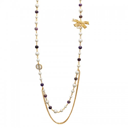 COLLANA LUNGA DI PERLE E PIETRE CON FIOCCO - S16179A