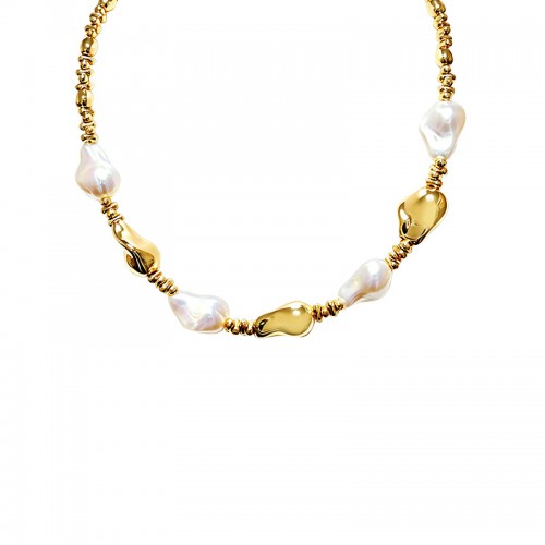 COLLANA CON ELEMENTI DORATI ORGANICI E PERLE BAROCCHE - SW26113C834