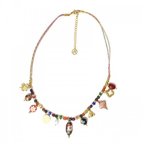 COLLANA FILO IN TESSUTO CON PERLINE E CHARMS - YNK24176B831