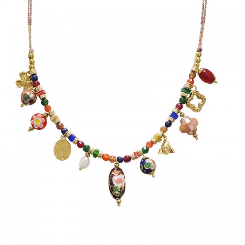 COLLANA FILO IN TESSUTO CON PERLINE E CHARMS - YNK24176B831