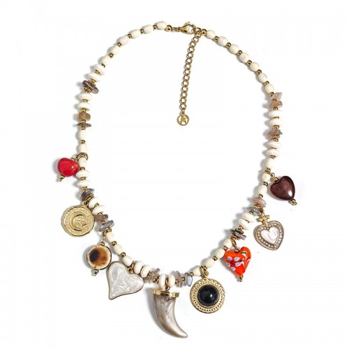 COLLANA CHARMS CON PERLINE IN PLASTICA E CIONDOLI AMULETO - YNK25152C370