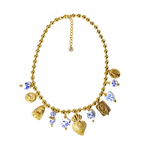 COLLANA CON CHARMS CUORE SACRO E PORCELLANA BIANCA E BLU - YNK26188C739