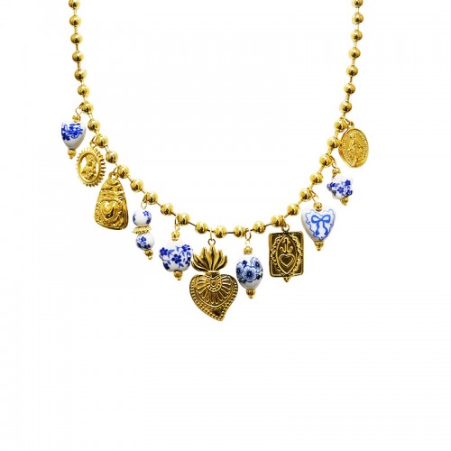 COLLANA CON CHARMS CUORE SACRO E PORCELLANA BIANCA E BLU - YNK26188C739