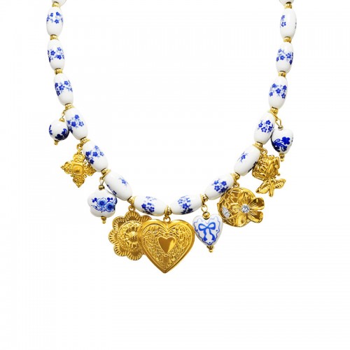 COLLANA CON PERLINE IN PORCELLANA BIANCA E BLU E CHARMS - YNK26190C737