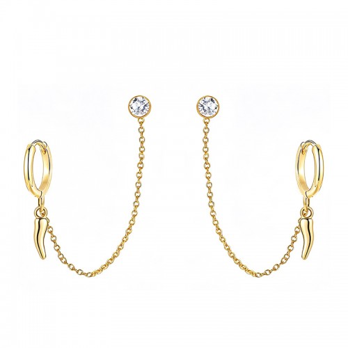 ORECCHINI DOPPIO BUCO A CATENA CON PENDENTE CORNETTO - YC2664C918