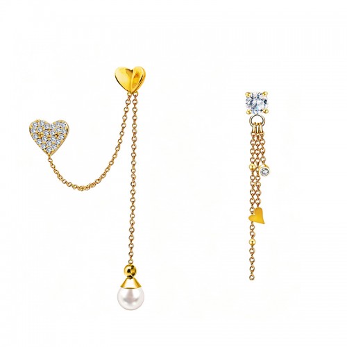 ORECCHINI ASIMMETRICI A CATENA CON CUORI, PERLA E ZIRCONI - YC2672C956