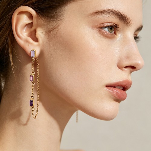 ORECCHINI PENDENTI CON CATENELLA E ZIRCONI RETTANGOLARI COLORATI - YC2676C897