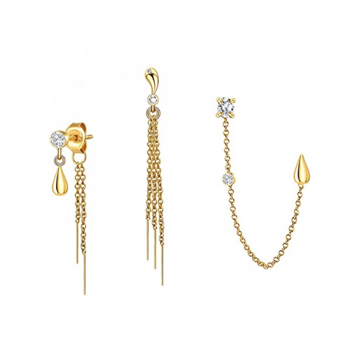 SET ORECCHINI ASIMMETRICI CON CATENA, ZIRCONI E GOCCE - YC2688C950